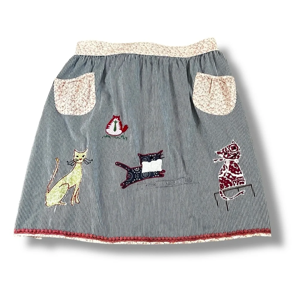 Sur La Table Apron Applique Cats Striped & Floral Print 100% Cotton Kitchen